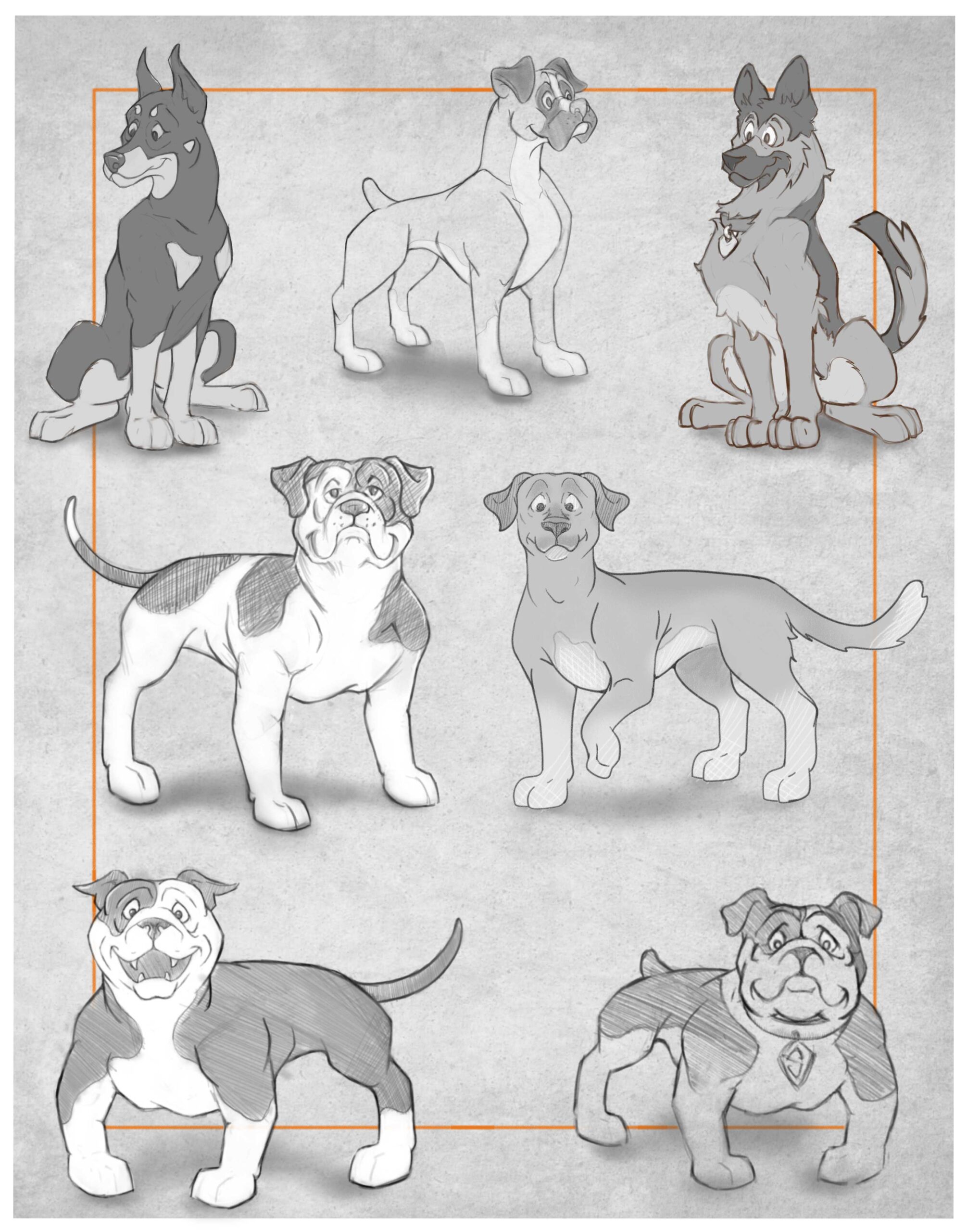 Group of seven cartoon Dogs