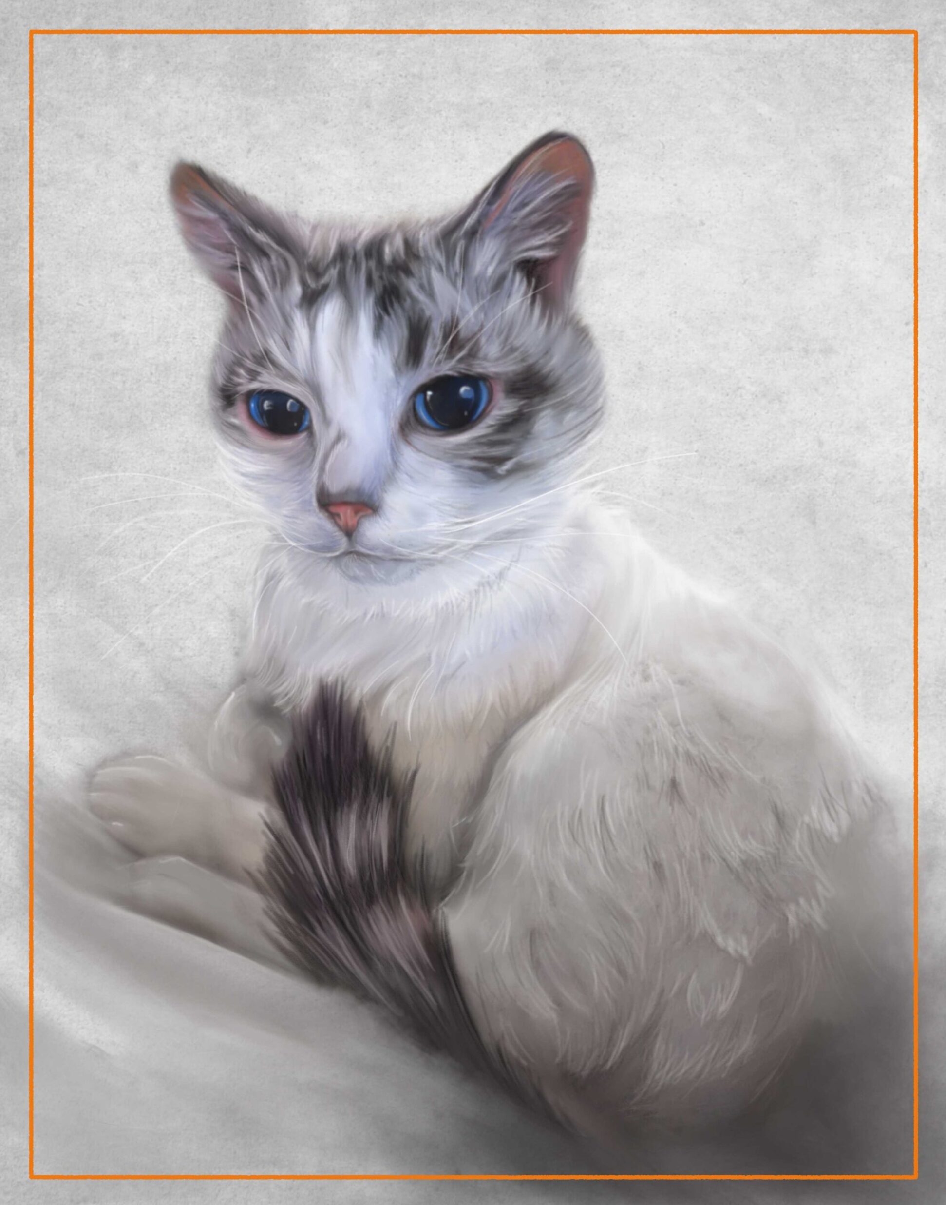 Cat on canvass digital painting thin orange border.